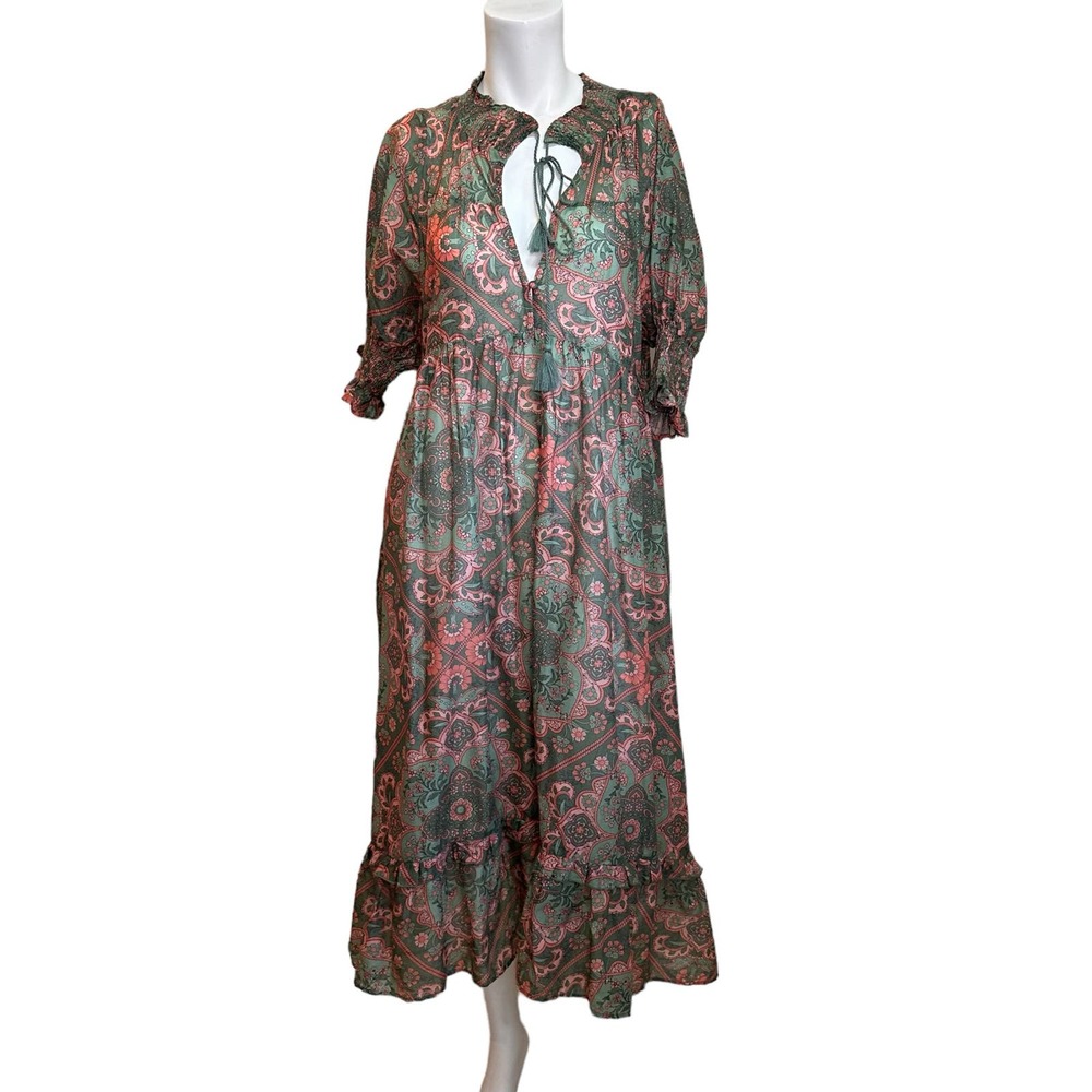 Jaase Boho Peasant Midi Dress Pink & Green Floral Cotton sz L NWT